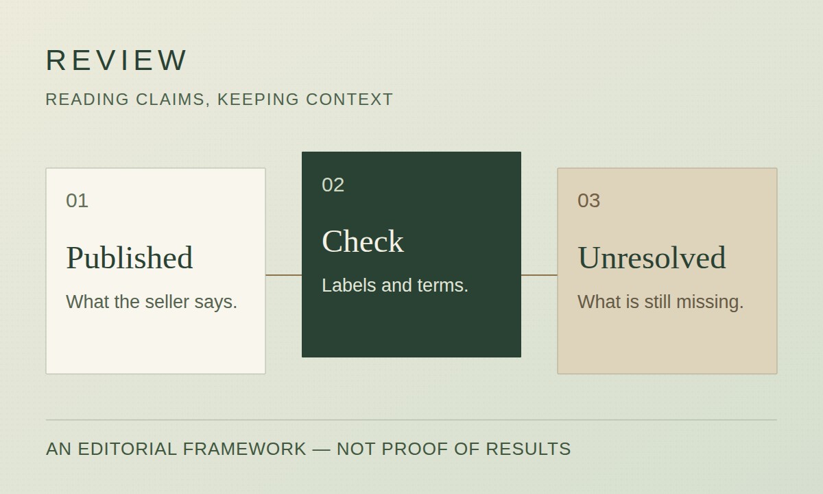 REVIEW: three editorial cards labeled Published, Check and Unresolved, connected by a thin line. An information-organizing illustration, not a scientific diagram.